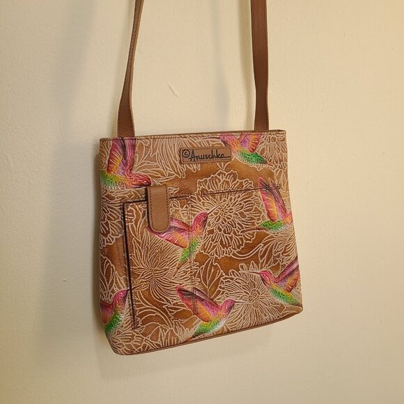 Anuschka Medium Crossbody With Double Zip Pockets Tooled Birds Tan - Picture 9 of 12